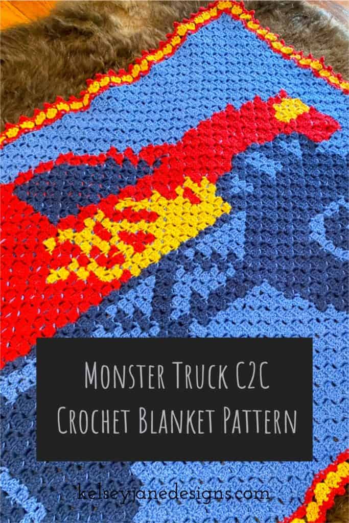 You can make this easy C2C crochet Monster Truck Blanket! Free pattern for any eager beginner. Perfect size for a crib, toddler or twin sized bed. Using Lion Brand Pound of Love yarn. 